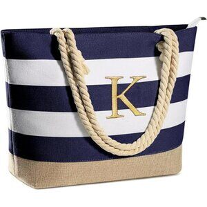 Personalized initial canvas beach tote bag waterproof zipper travel gift for wom
